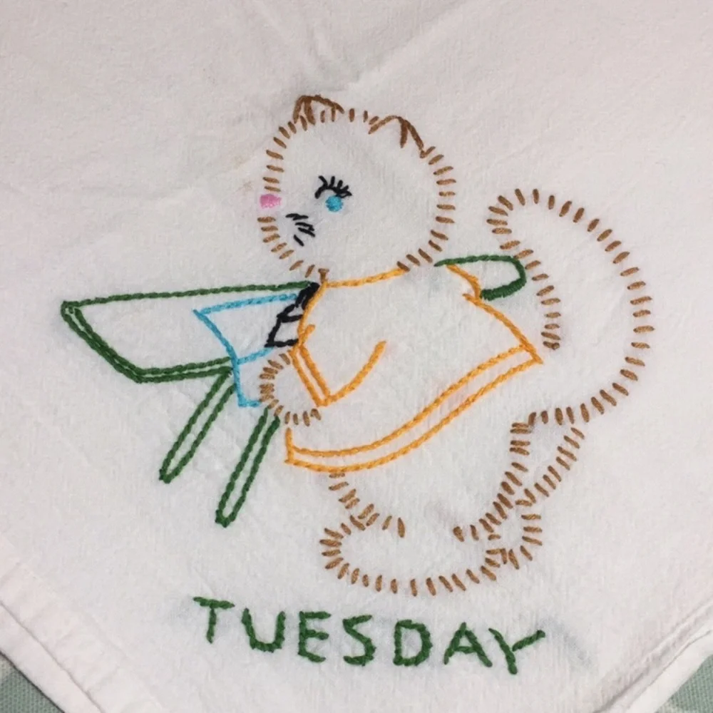Vintage Embroidered Tuesday Cat Hand Tea Towel